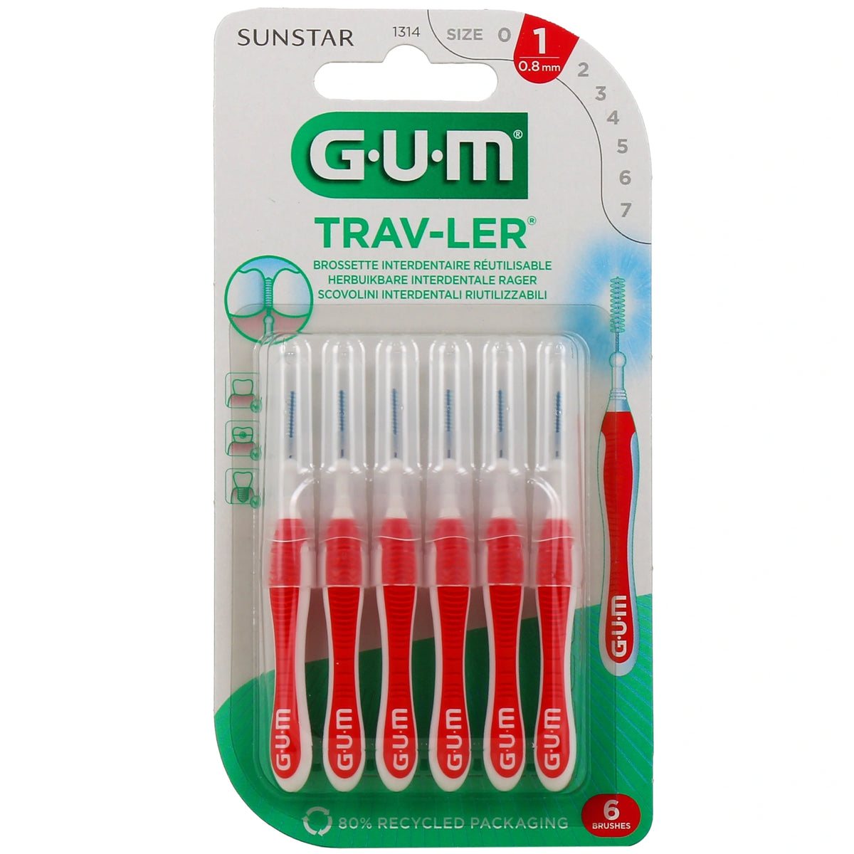 GUM Proxabrush Trav-ler 1314 Brossettes Cylindriques 0,8 mm – 4 brossettes