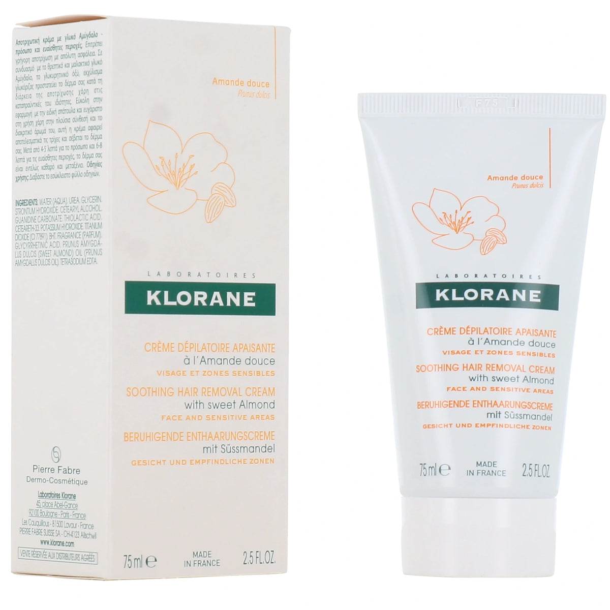 Klorane Crème Dépilatoire Apaisante à l'Amande Douce Visage et Zones Sensibles – 75 ml